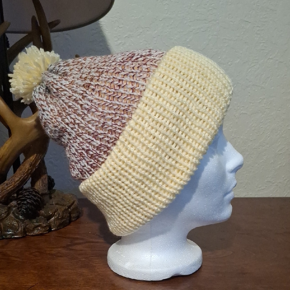Cozy Knit Pom-Pom Beanie - Cream and Brown